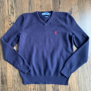 Polo Ralph Lauren V Neck Pullover Sweater Mens S Navy Blue 100% Lambs Wool READ